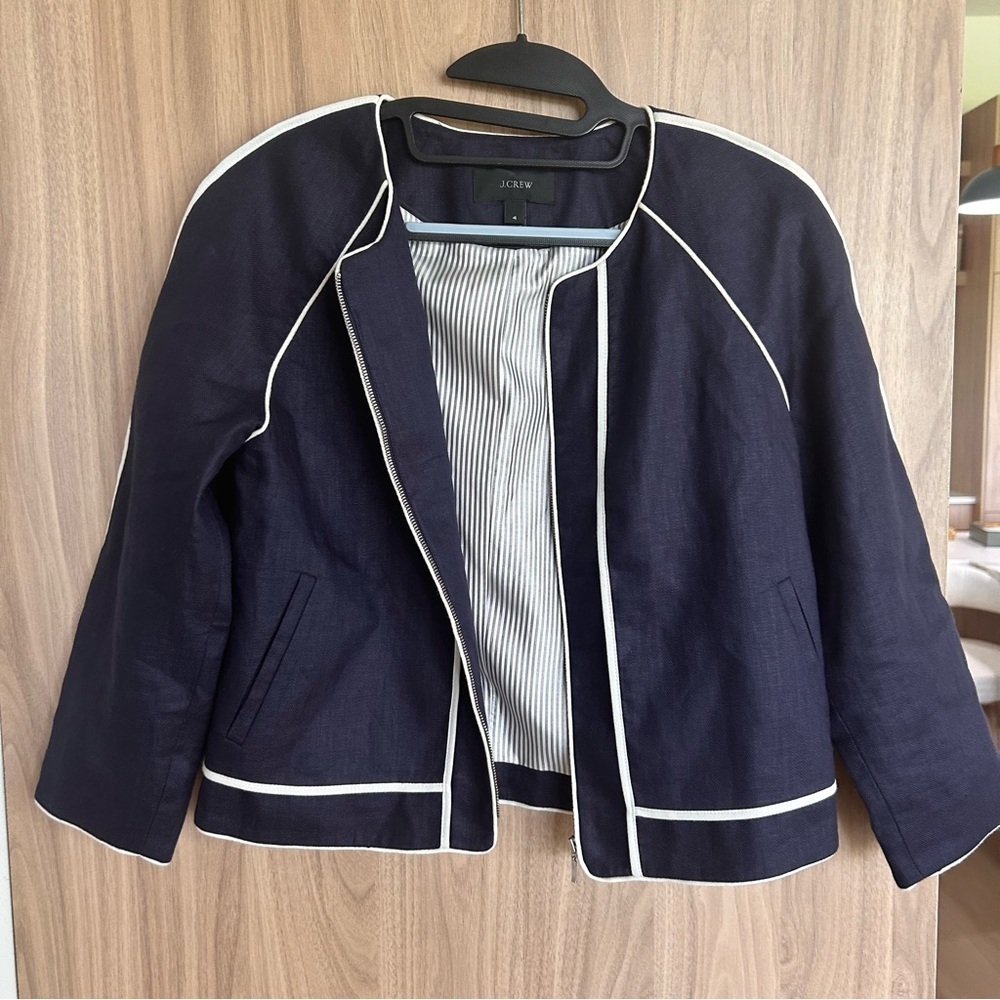 J. Crew Blazer 100% Linen Blue Jacket Blazer Size 4Piping Crop Lined Zip Women - Picture 4 of 6